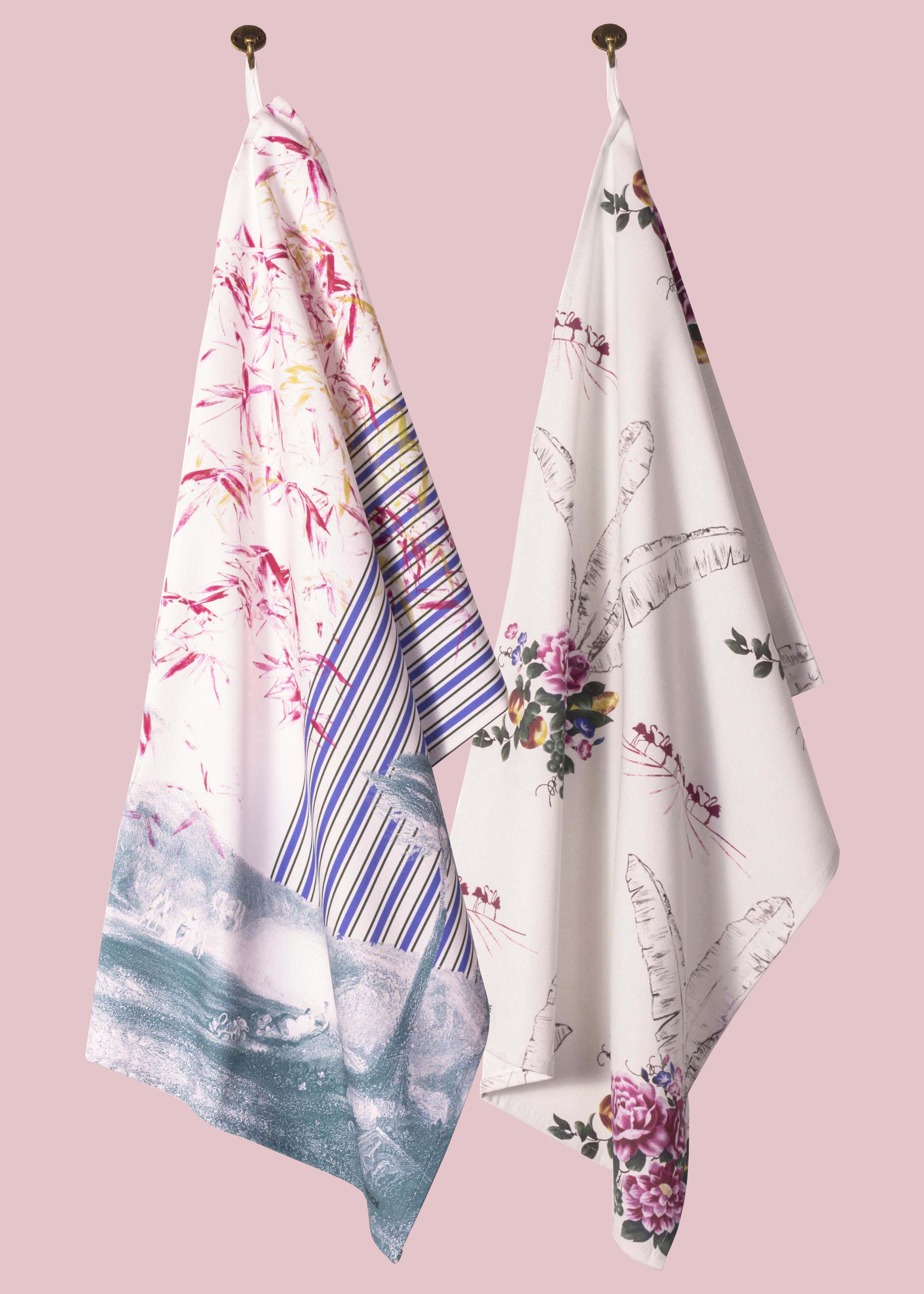 Toile and Ticking & Flamingo Bloom Pair of Tea Towels in Teal Blush