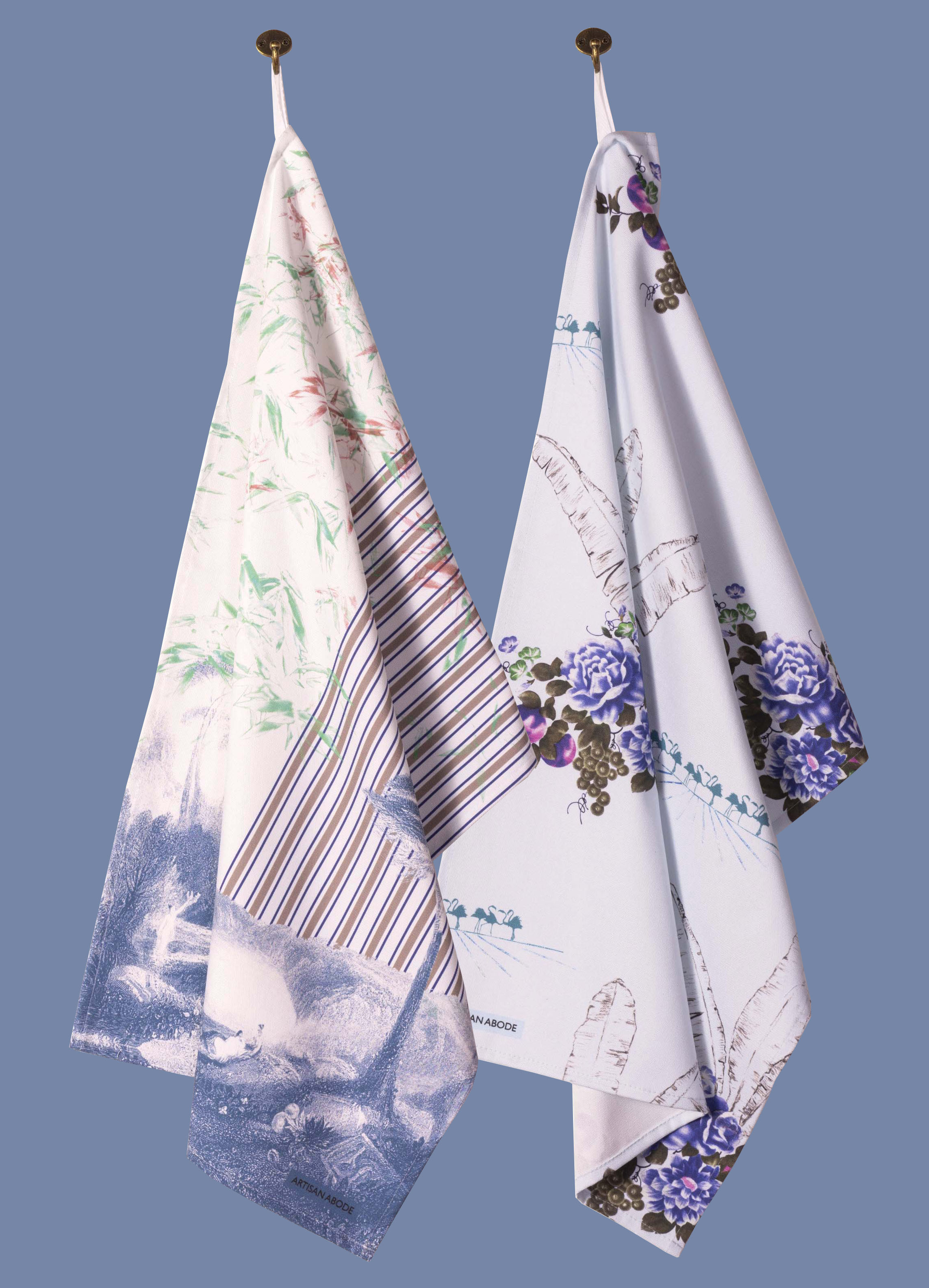 Toile and Ticking & Flamingo Bloom Pair of Tea Towels in Aqua Denim